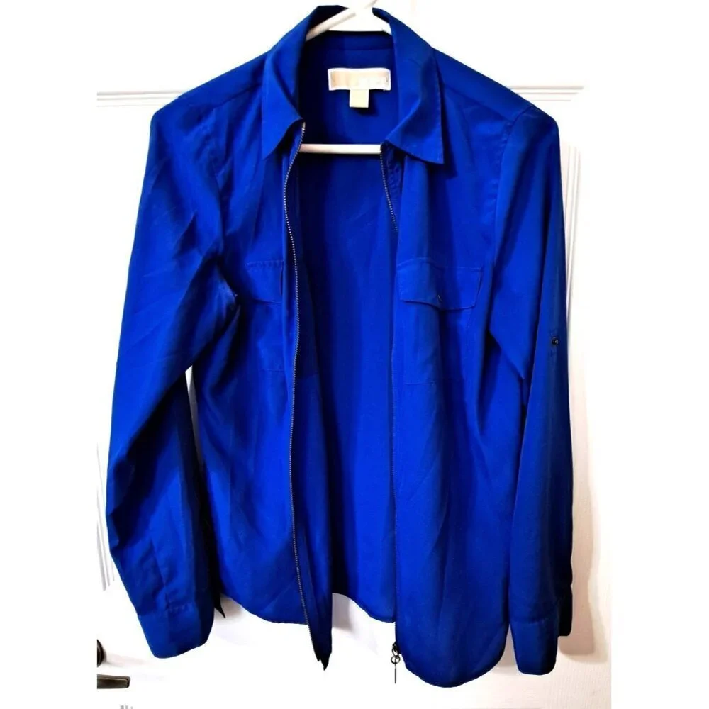 Michael Michael Kors Women's S Long Sleeve Full Zip Blue Blouse Career Office
